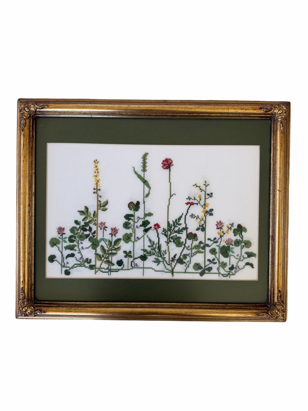 Botanical Cross Stitch Art Professionally Framed Green Mat & Gold Frame 15.75x13